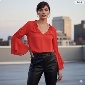 Kobi Halperin Carolina Red Ruched Silk Bell Sleeve Blouse Size XS V-Neck